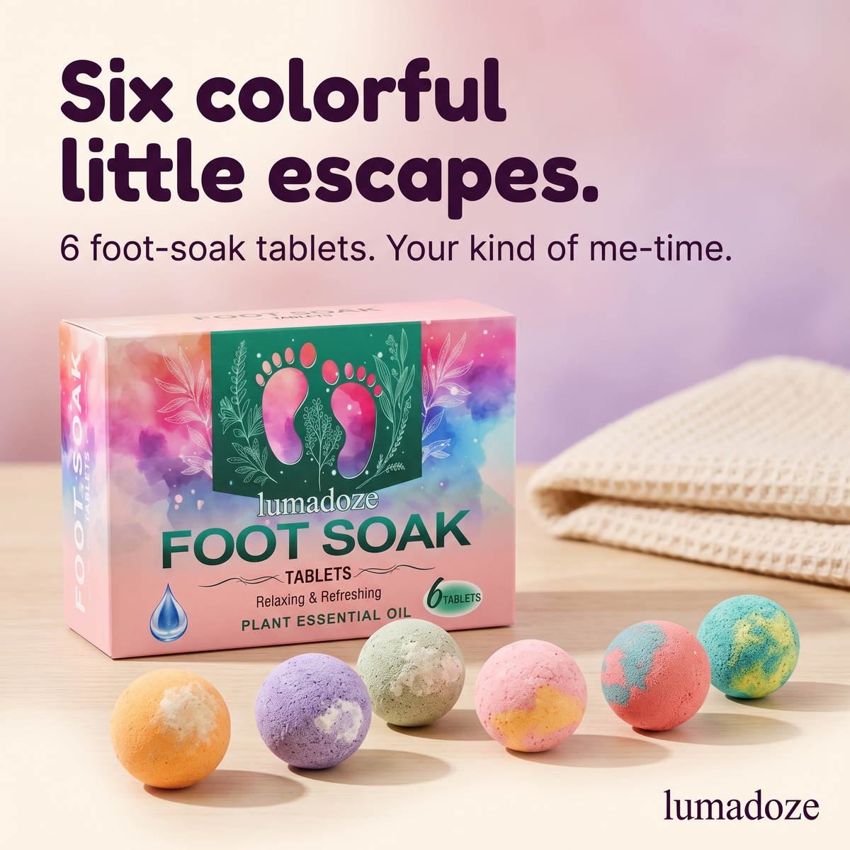 Lumadoze assortment of six colorful foot-soak tablets