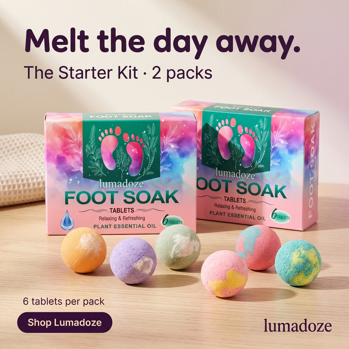Lumadoze Starter Kit with two packs of six foot-soak tablets each